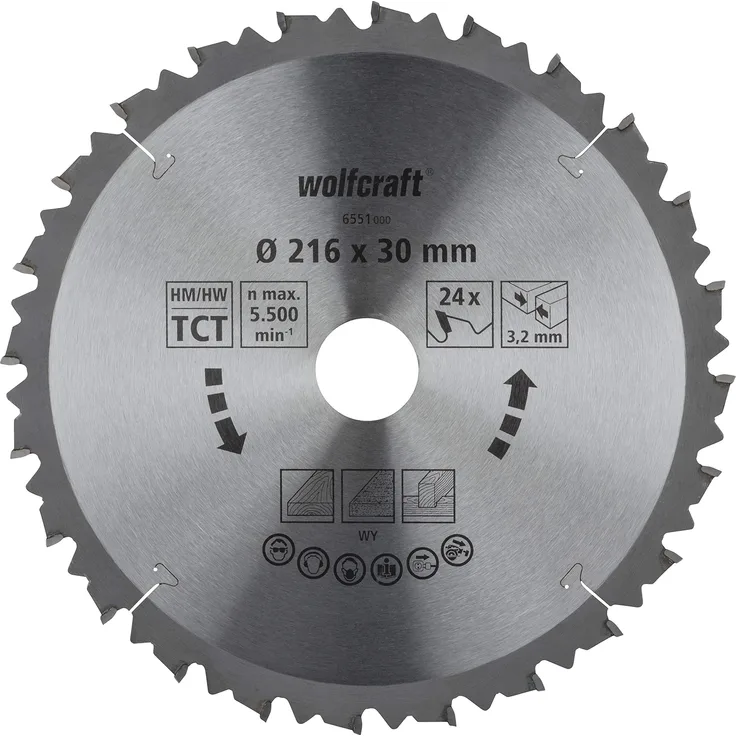 wolfcraft 6551000 Kapp- und Gehrungssägeblatt ø 216 mm - schnelle, grobe Schnitte