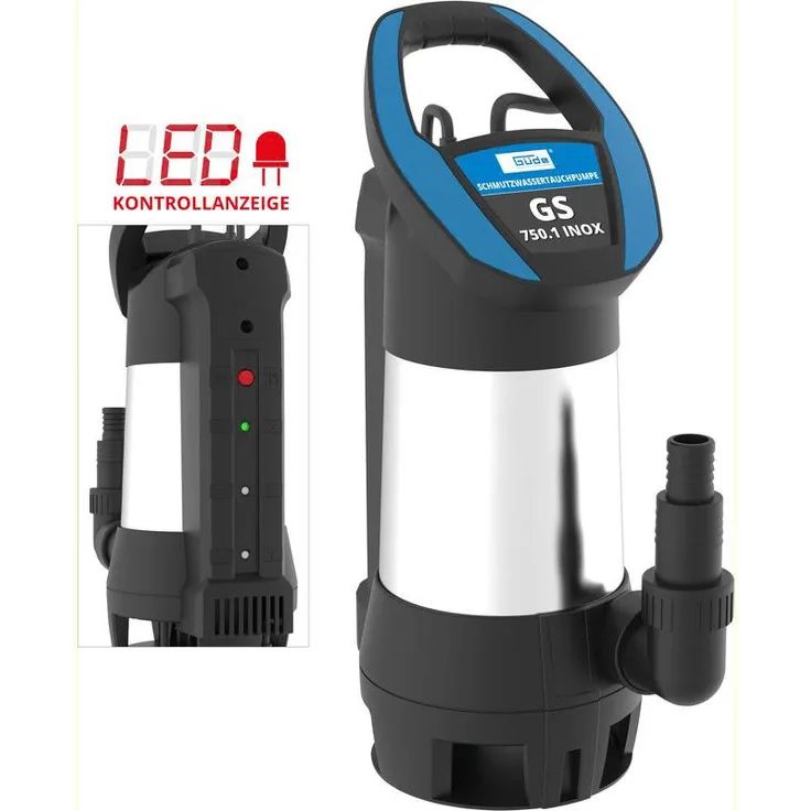 Güde GS750.1 INOX Schmutzwasser-Tauchpumpe 750 Watt Betriebsspannung 230 V 15.000 l/h Entwässerung max. Förderhöhe 8 m max. Tauchtiefe 7 m max. Partikelgröße 35 mm max. Wassertemperatur 35 °C IP Schutzart IPX8 43,5 x 16,8 x 27 cm Kabellänge 10 m 6,