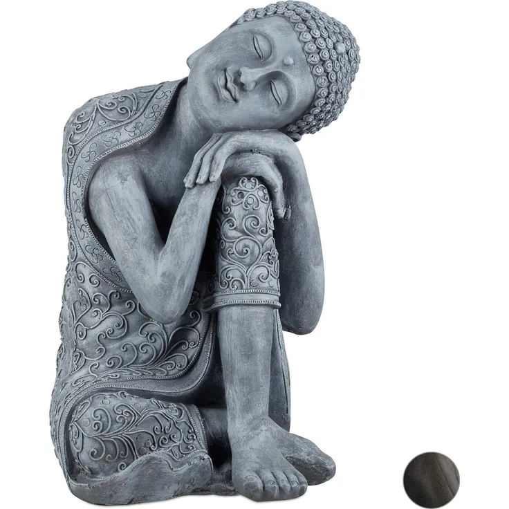 Relaxdays Buddha Figur geneigter Kopf, XL 60cm, Asia Deko, Gartenfigur, Dekofigur Wohnzimmer, frost- & wetterfest, grau