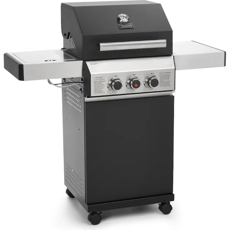 TAINO BLACK 2 Gasgrill mit Seitenbrenner Gusseisen-Rost Gasgrill 2 Brenner Standgrill Matt Schwarz