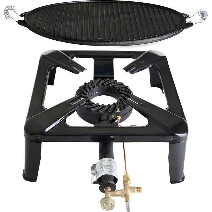Paella World International Gaskocher Hockerkocher-Set mit Gusseisengrillplatte, Mehrfarbig, 2-teilig, Ø 42 cm