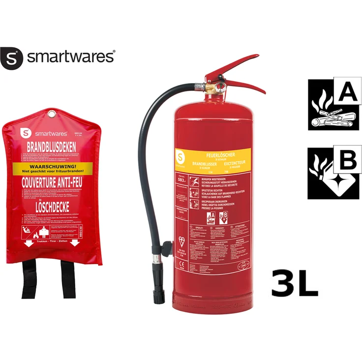 smartwares Set: Feuerlöscher Schaumlöscher 3 Liter, Brandklasse AB und Löschdecke Brandschutz