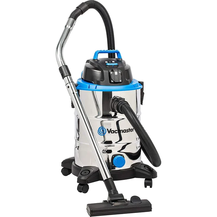 Vacmaster Nasssauger Industriestaubsauger Edelstahl 30L Behältergröße, 230 Air Watt Saugleistung mit Steckdose für Einschaltautomatik mit Elektrowerkzeugen, Blasfunktion und Wasserablassöffnung Beutel