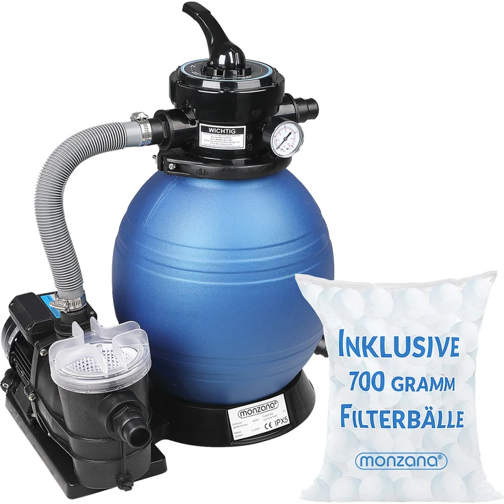 Sandfilteranlage 9.960 l-h mit Vorfilter Sandfilter Filteranlage Poolfilter + 700g Filterbälle Polysphere Filterwatte Filter Balls – Bild 1