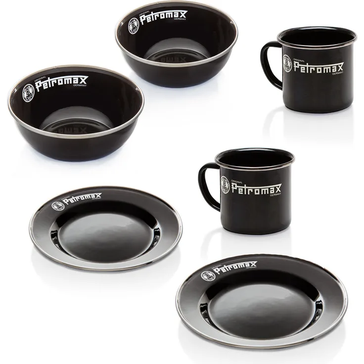 Petromax Emaille Geschirrset schwarz - 2 x Teller, 2 x Tasse, 2 x Schale
