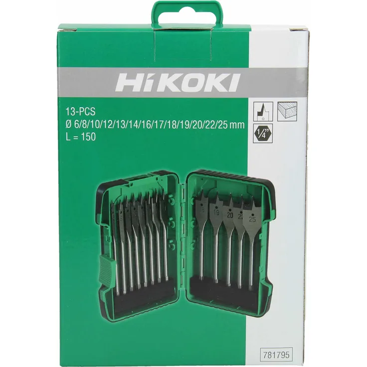 Hikoki Holz-Flachbohrer-Set 781795 Flachfräsbohrer für alle Holzarten, Zentrierspitze, 13-teilig