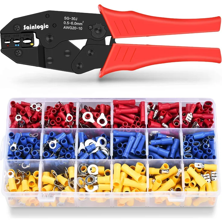 Sainlogic Crimpzange Kabelschuh Set, Krimpzange Kabelschuhe Set mit 700 Stk, Elektrische Steckverbinder Quetschverbinder Sortiment 0, 5-6 Qmm für isolierte Kabelschuhe