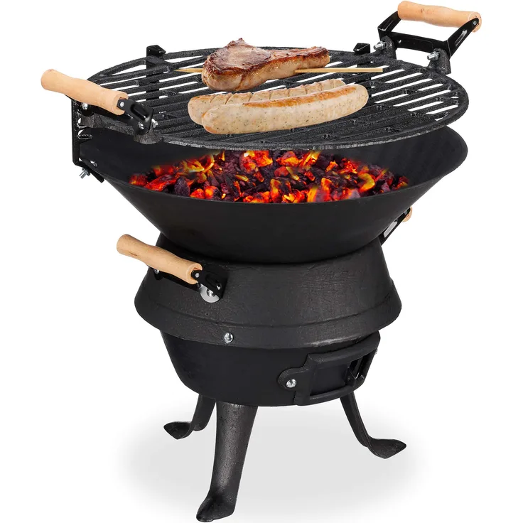 Relaxdays Holzkohlegrillfass Gusseisen, höhenverstellbarer Holzkohlegrillrost, Belüftung, Fassgrill für Holzkohle, HBT 40x45x36cm, schwarz, Grillfläche 35 cm