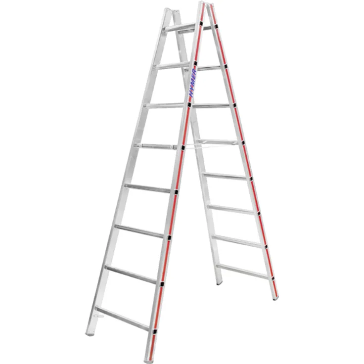 Hymer Sprossenstehleiter, beidseitig begehbar, 2x8 Sprossen, senkr. Höhe 2,25 m, Reichhöhe 3,55 m, Gewicht 8,4 kg (402316)