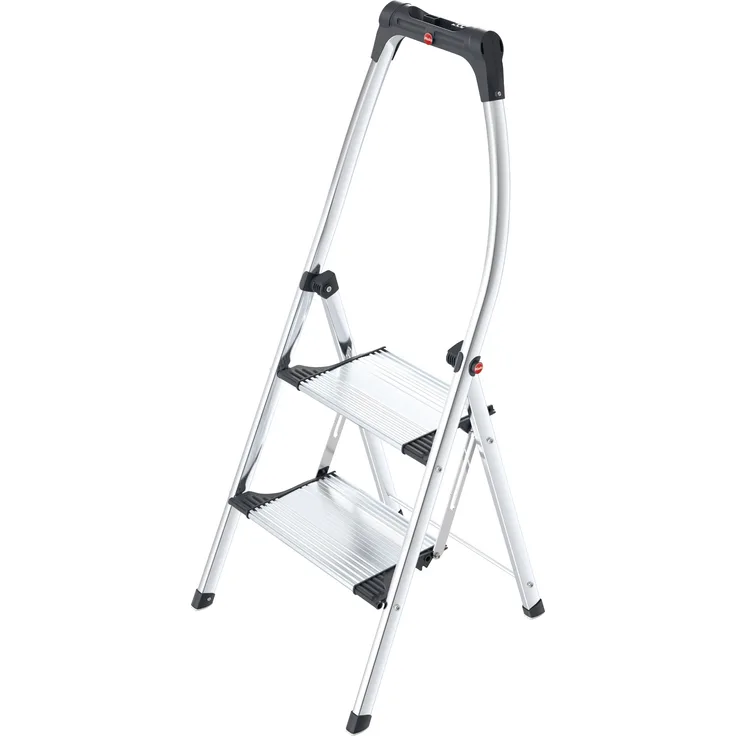 Hailo K100 TopLine, Komfort-Trittleiter aus Aluminium, 2 Stufen, hoher Sicherheitshaltebügel, Füße mit Soft-Grip-Sohlen, belastbar bis 150 kg, silber, 4302-301