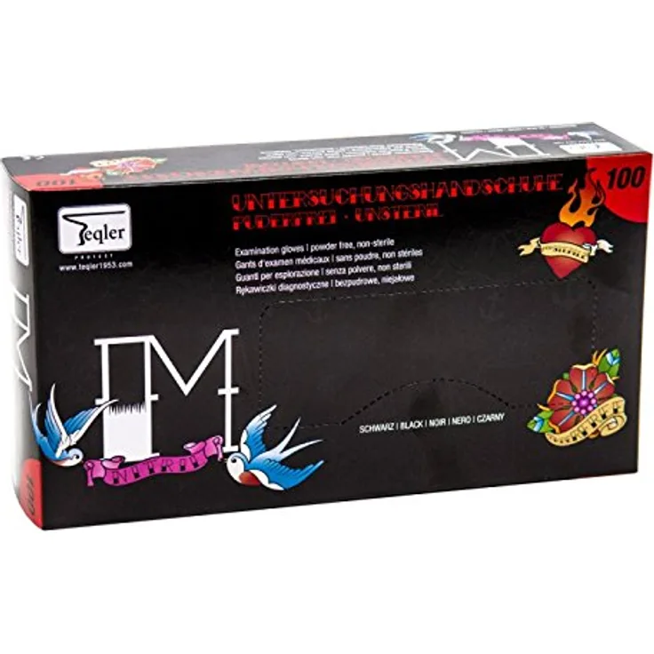 Teqler reißfeste Tattoo-Handschuhe schwarz T-324533, Handschuhe schwarz, Untersuchungshandschuhe schwarz, im 100-er Pack - Spenderkarton