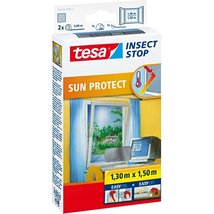 tesa Insect Stop SUN PROTECT Fliegengitter Fenster - Insektenschutz mit Blend- & Sonnenschutz - Fliegen Netz ohne Bohren - Anthrazit, 130 cm x 150 cm – Bild 1