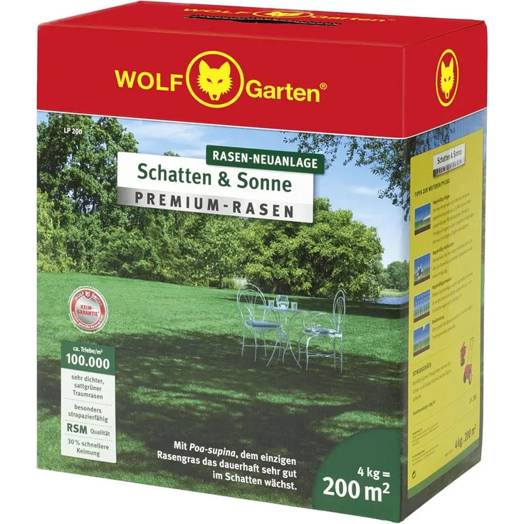 WOLF-Garten Premium-Rasen Schatten & Sonne LP 200 4kg 200 m² 100.000 Triebe/m² mit Poa supina Samen