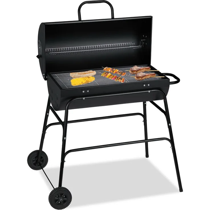 Holzkohlegrill, XXL Grillwagen mit Deckel, verstellbare Belüftung, stabil, HBT: 96,5 x 103 x 64,5 cm, schwarz