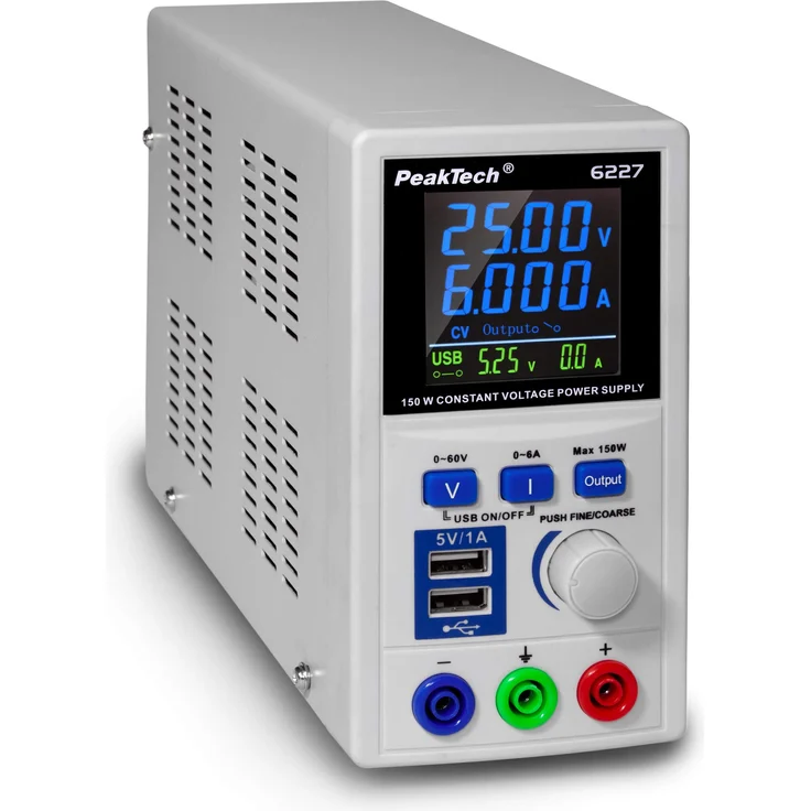 PeakTech P 6227 DC Labor Netzteil 0-60 V - 0-6 A mit farbiger LCD Anzeige, Labor Netzgerät inkl. 2x USB Port, Einstellbare Ausgangsspannung, Betriebsspannung 115-240 V AC- 50-60Hz - EN 61010-1