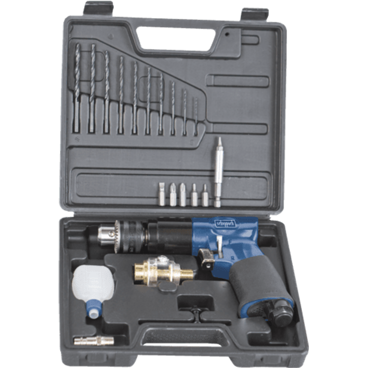 Scheppach Druckluft Bohrmaschine Zubehör, enthält 10x HSS Bohrer, 6x CrV Bits, 1x Bithalter, Schmiervorrichtung, Schlüssel für Bohrfutter, Öl-Fläschchen, Luftbedarf-Ø 141L-min, 6,3 bar