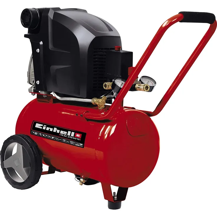 Einhell Kompressor TE-AC 270-24-10 1.800 W, max. 10 bar, inkl. Druckminderer, 24 l-Tank, 2 Manometer und 2 Schnellkupplungen, vibrationsgedämpfter Standfuß, Haltebügel