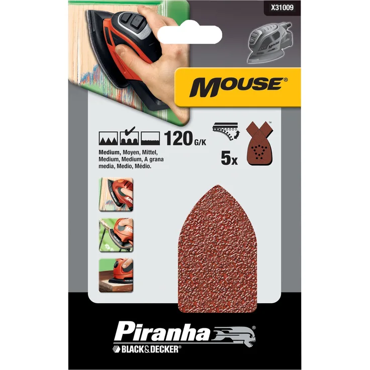 Piranha Mouse Schleifpapier (Körnung 120, fein gekörnt, mit Klett-Fix, 5 Stück, passend für Kompakt-Mouse) X31009