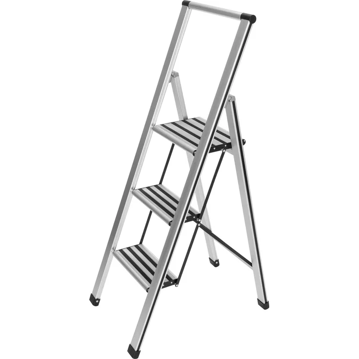 WENKO Leichte Aluminium Trittleiter mit 3 Stufen für 75 cm höheren Stand, rutschsichere XXL-Stufen, Design Klapptrittleiter mit 44 x 127 x 5,5 cm, Süd zertifiziert, matt silber – Bild 1