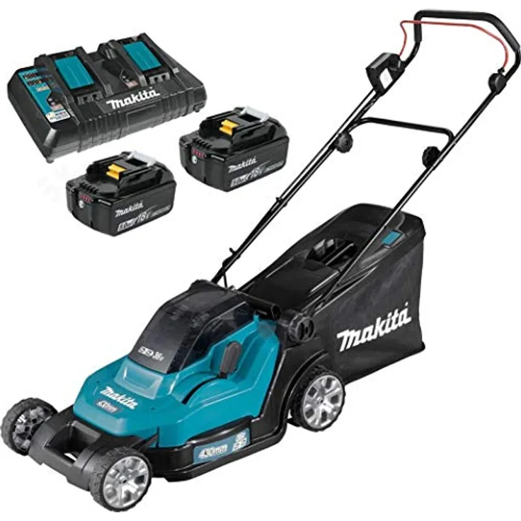 Makita DLM432PT2 Akku-Rasenmäher 2x 18 V / 5,0 Ah, mit 2 Akkus + Doppelladegerät, Schnittbreite 43cm