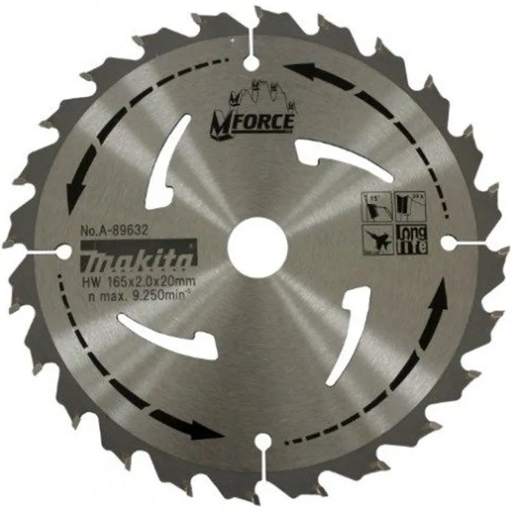 Makita 1x Kreisssägeblatt M-Force 165 x 20 mm Zahnwinkel: +15° mit Abweiserstegen 24 HM Zähne für Holz