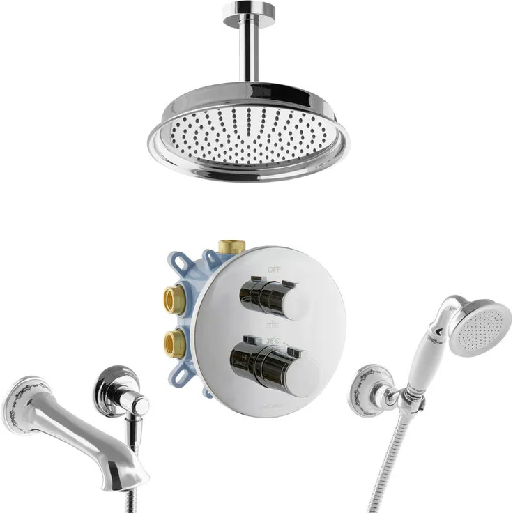 Paulgurkes - 3-Wege Thermostat Duschsystem für Badewanne Nostalgie Regendusche Unterputz Set Komplett