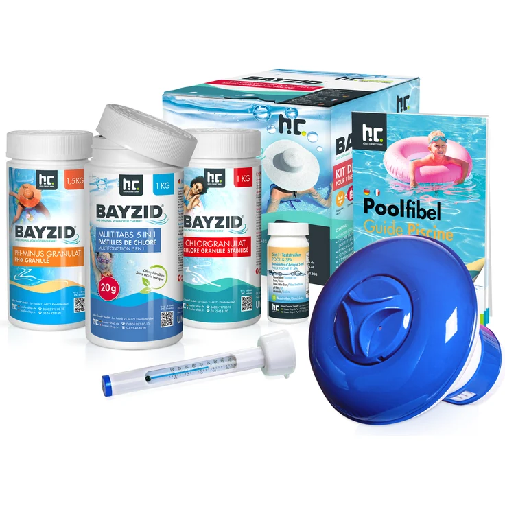 Höfer Chemie Pool Starterset 7 tlg. Wasserpflege durch Pool Chlor Granulat, PH Minus und Multitabs Poolthermometer Poolfibel Teststreifen, Langzeitchlorung und Desinfektion – Bild 1