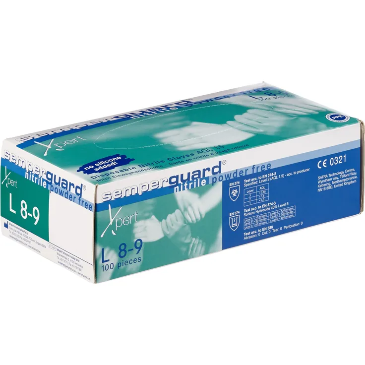 Semperguard 816780637/3000001629 Xpert Einmalschutzhandschuh aus Nitrillatex, puderfrei, Chemikalienspritzschutz, Größe L, 8-9, Grün/Blau (100 er-Pack)