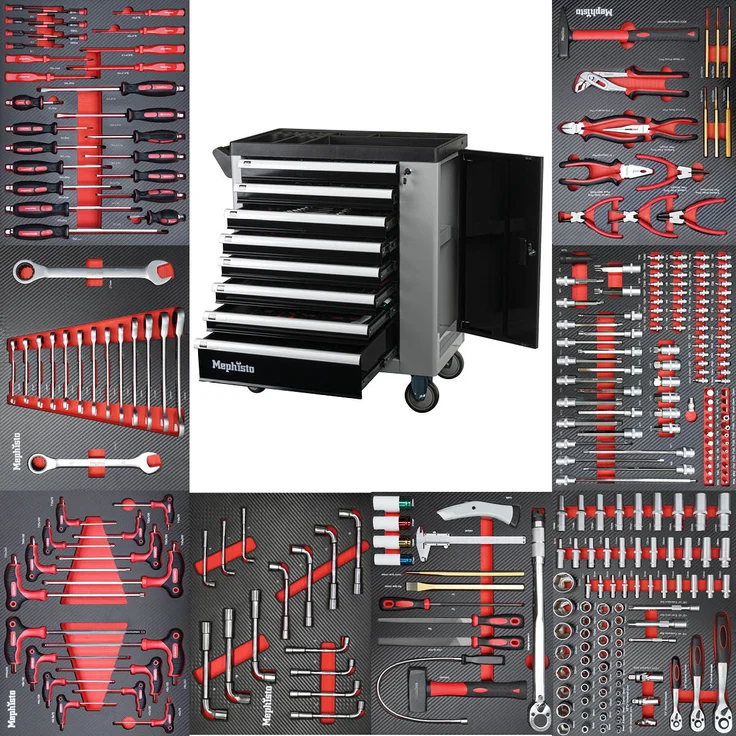 Werkzeugwagen Werkstattwagen mit 8 Schubladen davon 8 mit Werkzeug wie Schraubenschlüssel, Ratsche mit Nusskasten, Schraubendreher usw. in Soft Inlays in Carbonoptik befüllte Schubladen von Mephisto – Bild 1