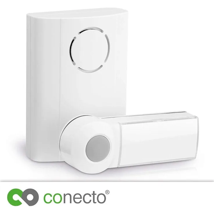 conecto CC50230 Funktürklingel Türklingel Funkklingel - Set inkl. Sender Funk-Taster u. Empfänger Klingel bis 100m Reichweite, 36 Klingeltöne Melodien, kabellos, wireless, batteriebetrieben, IP44 weiß