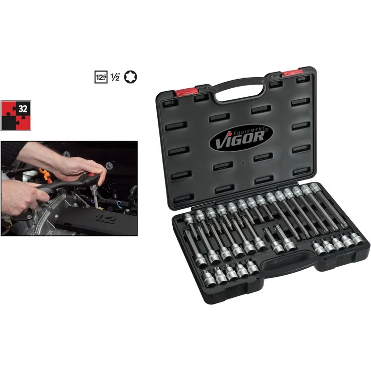Vigor V1917 Torx Schraubendreher-Einsatz-Sortiment, 12,5 mm (1-2 Zoll), 32-teilig