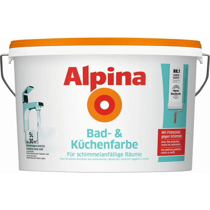 Alpina Bad- & Küchenfarbe 5 l Für schimmelfreie Wände in neutralem Weiß Spezial-Innenfarbe Wasserverdünnbar Gut deckend – Bild 1