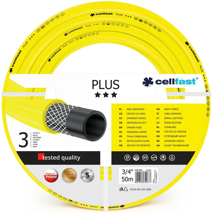 Cellfast Gartenschlauch PLUS 3-lagiger Wasserchlauch mit dauerhafter Verstärkung aus Garn höchster Qualität, druck- und UV-beständig, 25 bar Berstdruck, 50m, 3-4 zoll, 10-221 – Bild 1