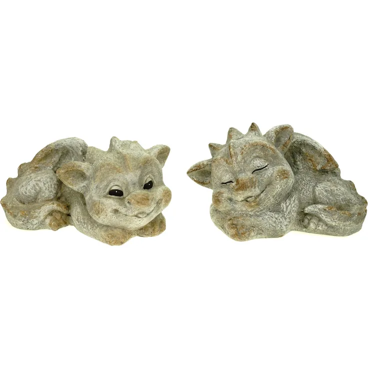 2er Set Garten Drache liegend Steinoptik 20 cm Figur Gartenfigur Glück Skulptur