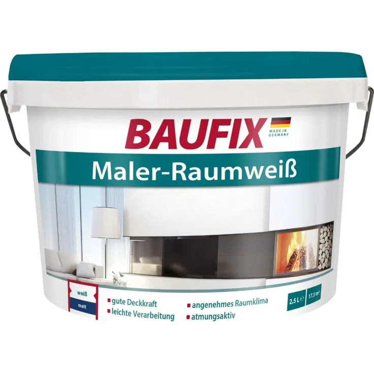 Maler-Raumweiß - Baufix Dispersionsfarbe weiß 5 Liter Deckfähigkeit Klasse 2