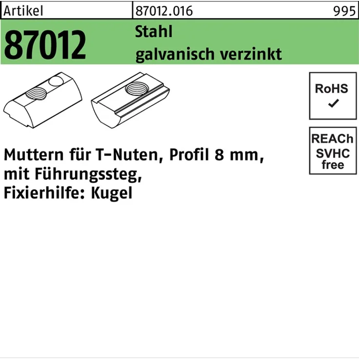 DIVERSE T-Nutenmutter R 87012 m.Führungssteg-Kugel 8mm M 8 Stahl galvanisch verzinkt
