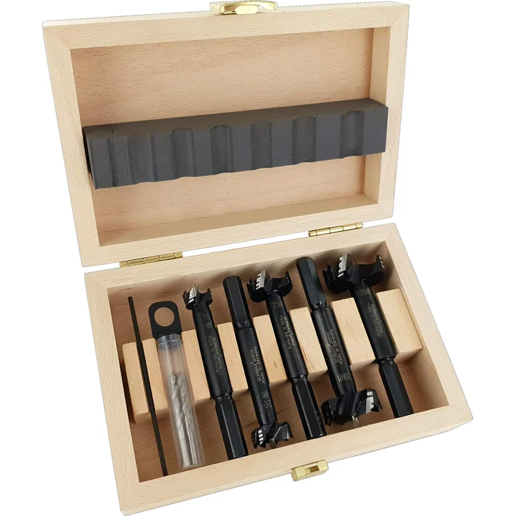 FAMAG Bormax HM prima Bohrer-Set 5-teilig (inkl. Zentrierspitze u. Vorbohrer, für alle Holzwerkstoffe, mit Holzbox) 1664505, grau – Bild 1