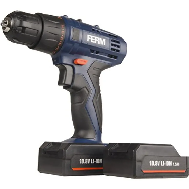 FERM Li-Ion Akku-Bohrmaschine - 12 V - 1.5 Ah - 20 Nm - 17+1 - Inkl. Zwei Li-Ionen Batterien, Schnelladegerät (60min), zwei doppelseitige Schrauber-Bits in einem Robuster Aufbewahrungskoffer