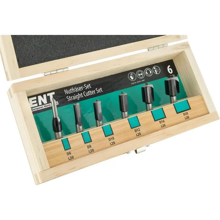 Ent European Norm Tools - ENT 6-tlg. HW Nutfräser Set mit HW-Grundschneide - Ø 6 - 8 - 10 - 12 - 16 und 20 mm- Schaft Ø 8 mm