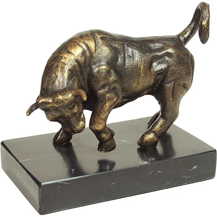 Figur Bulle Börse Skulptur Eisen auf Marmosockel Dekofigur Stier