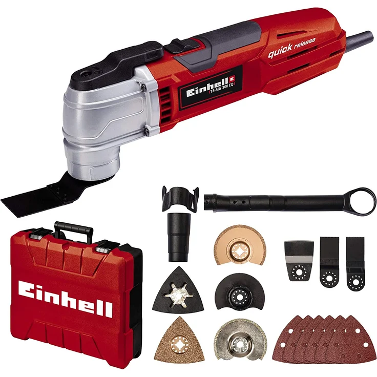 Einhell Multifunktionswerkzeug TE-MG 300 EQ Kit 300 W, max. 11000-20000 min-1, 12-fache Werkzeugaufnahme, inkl. Schleifplatte, 6x Schleifpapier, Schaber, versch. Tauch- und Segmentsägeblätter, Raspel – Bild 1