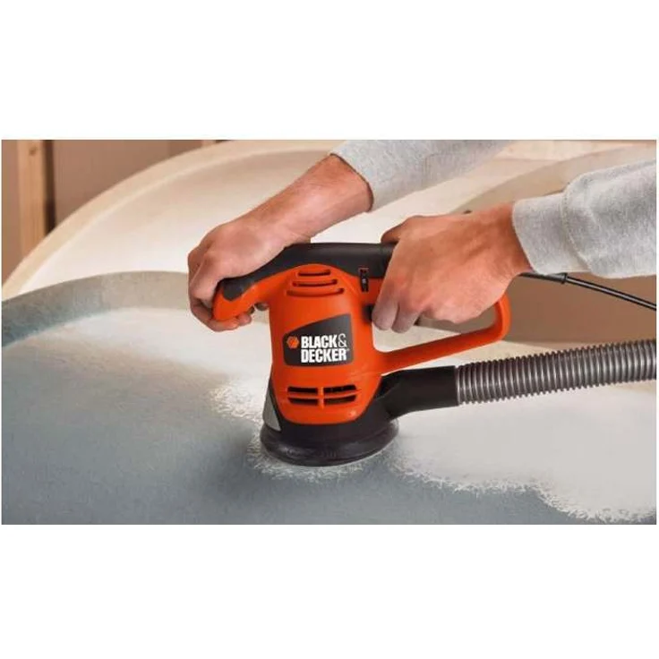 Black+Decker Exzenterschleifer (480W mit Staubfangsack, Klett-Fix-System, mit 3 Schleifscheiben, Softgriff, 3 m Kabel, zum Schleifen oder Polieren) KA191EK – Bild 5