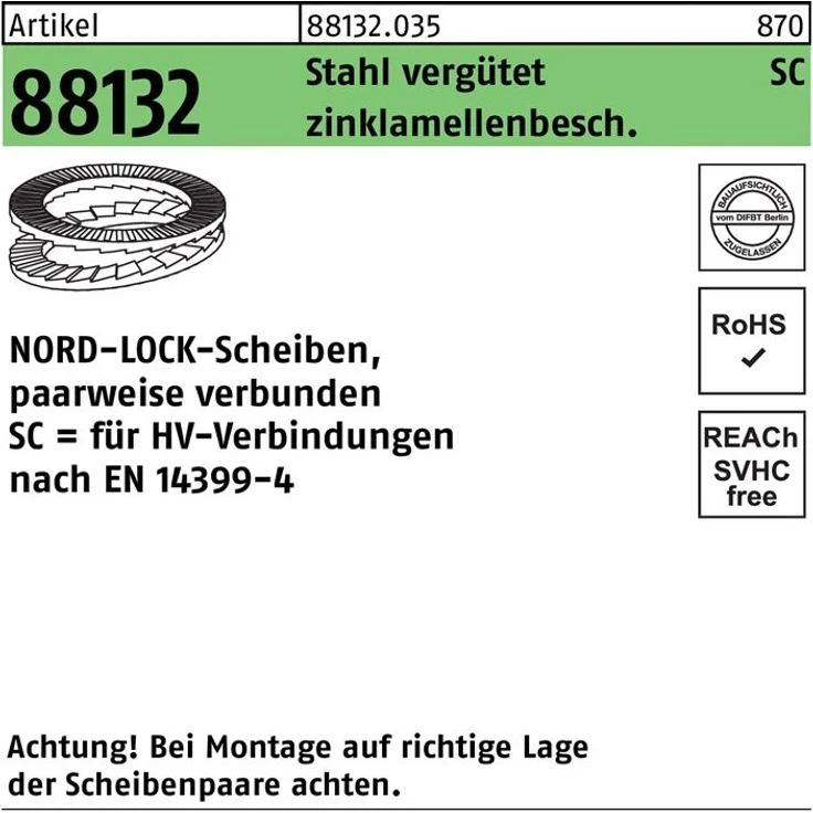 Artikel 88132 Stahl vergütet SC zinklamellenbesch. NORD-LOCK-Scheiben, paarweise verbunden, für HV-Verbindungen nach EN 14399-4 - Abmessung: NL 20 SC VE=S (100 Stück)