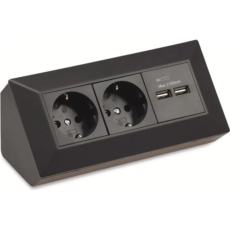 Steckdosenblock CHILITEC 22470, 2-fach, mit 2x USB, 16A-250V~, schwarz