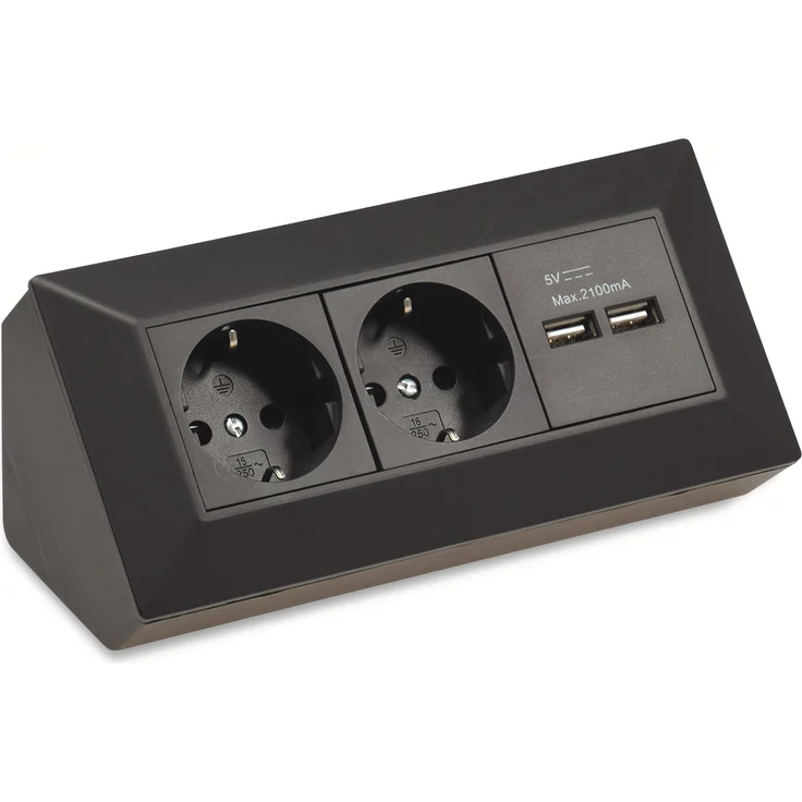 Steckdosenblock CHILITEC 22470, 2-fach, mit 2x USB, 16A-250V~, schwarz