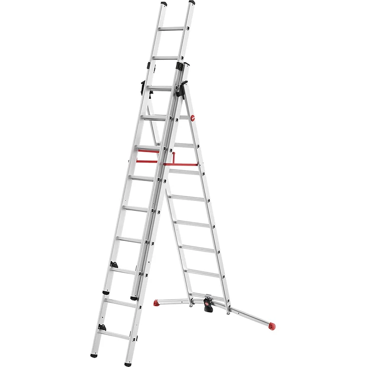 Hailo S100 ProfiLOT, Aluminium Kombileiter 3-teilig, 2x9 + 1x8 Sprossen  Arbeitshöhe 6,6 m Arbeitshöhe Stehleiter 4,65 m  Länge 5,82 m Länge eingefahren 2,74 m – Bild 1