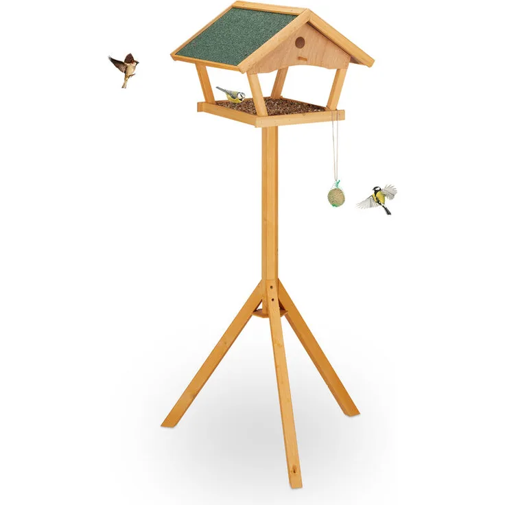 Relaxdays - Vogelfutterhaus mit Ständer, groß, wetterfestes Dach, Garten, Holz Vogelhaus HBT 137 x 66 x 59 cm, natur-grün