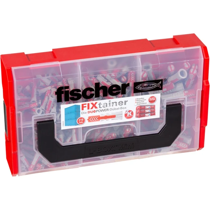 fischer FixTainer - DuoPower (210 Dübel) 535968, Dübel-Sortimentsbox mit Tragegriff & Klicksystem, 120 x DuoPower 6 x 30, 60 x DuoPower 8 x 40, 30 x DuoPower 10 x 50 - Preisvergleich – Bild 1