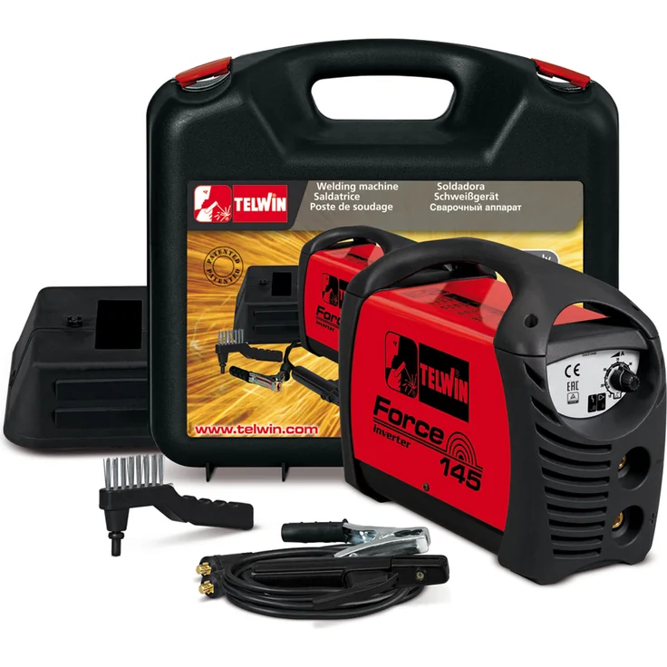 Telwin Force 145 Elektroden-Schweissgerät MMA mit Inverter-Technologie, Set inkl. Transportkoffer, Anschlussgarnitur, Massekabel, Handschild und Schlackehammer – Bild 1