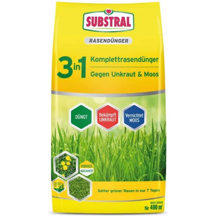 Substral 3 in 1 Komplettrasendünger gegen Unkraut und Moos 14 kg für 400 m² für alle Rasenflächen Streudünger